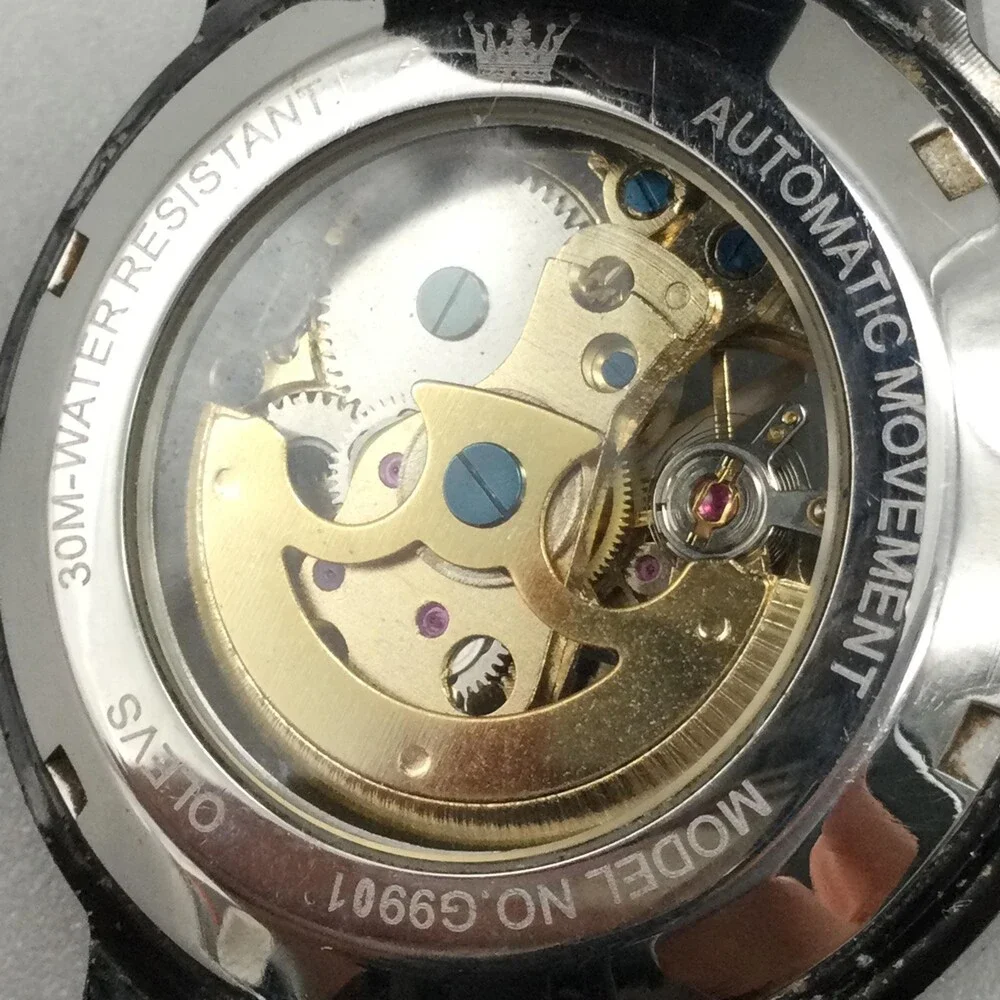 OLEVS G9901 Mens Watch 41mm Black Gold Tone Skeleton Stainless Automatic 7.25